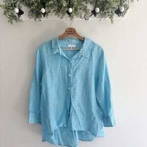Habitat turquoise blue plaid long-sleeve linen-blend button-down shirt Large